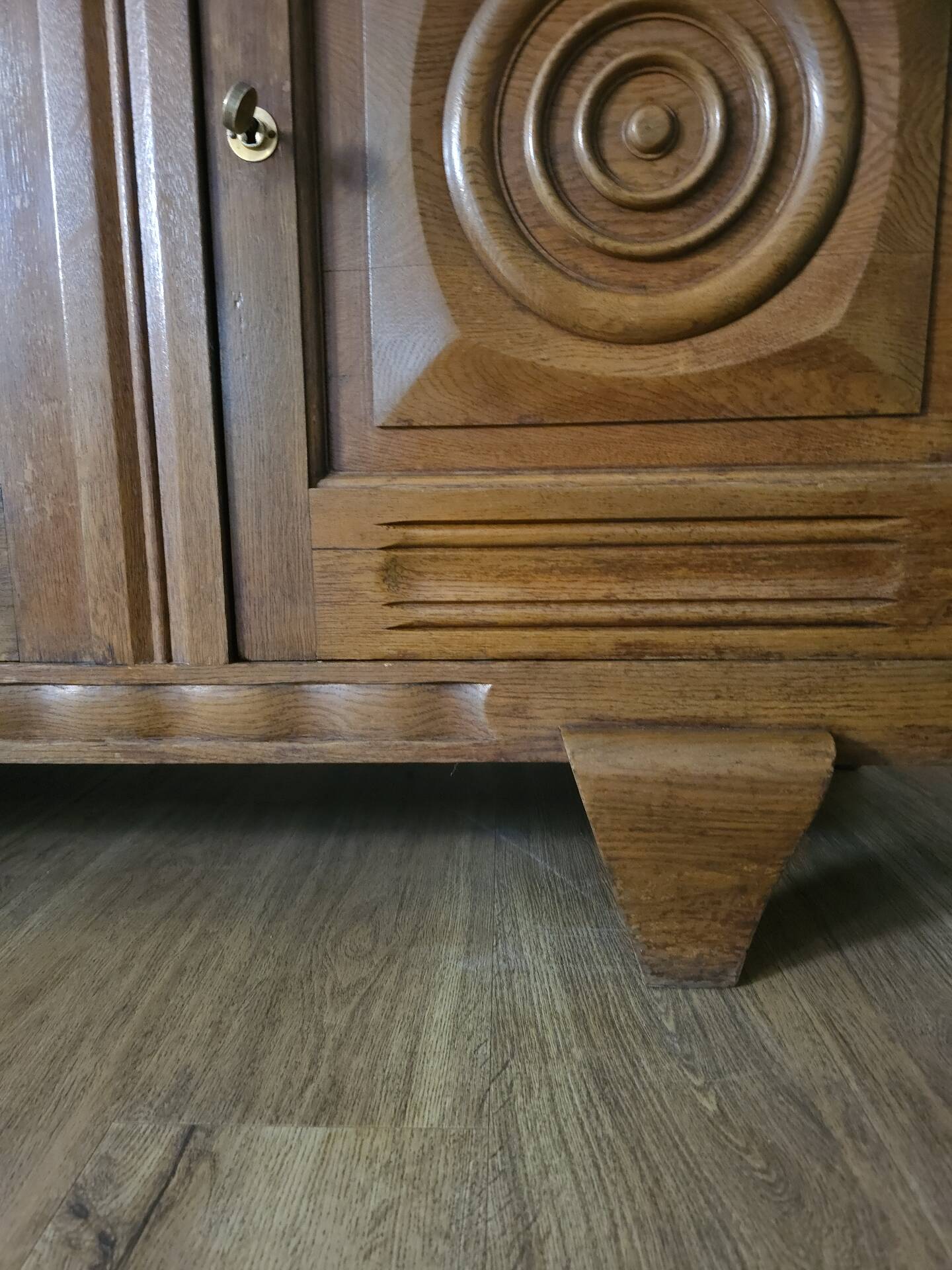 Solid oak sideboard, brutalist and Art Deco work, mid-century.