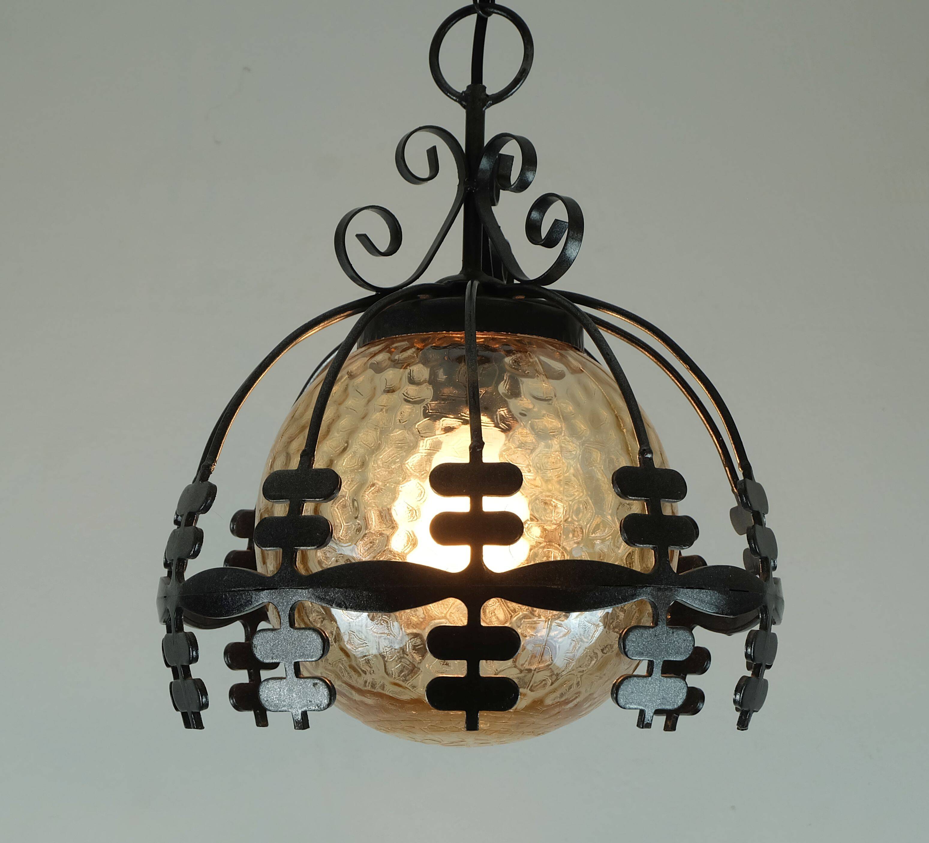 1970s Amber Glass Pendant Light with Iron Frame - 2 Available