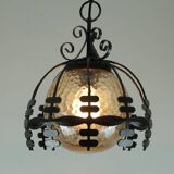 1970s Amber Glass Pendant Light with Iron Frame - 2 Available