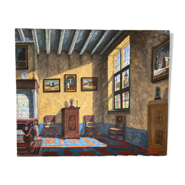 Intérieur d’une maison flamande, huile sur toile signée