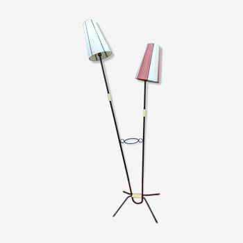 Floor lamp double year 50 in black iron scoubidou pale yellow and two lampshades