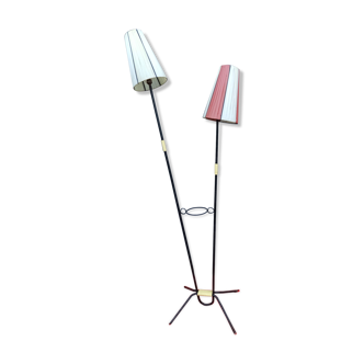 Floor lamp double year 50 in black iron scoubidou pale yellow and two lampshades