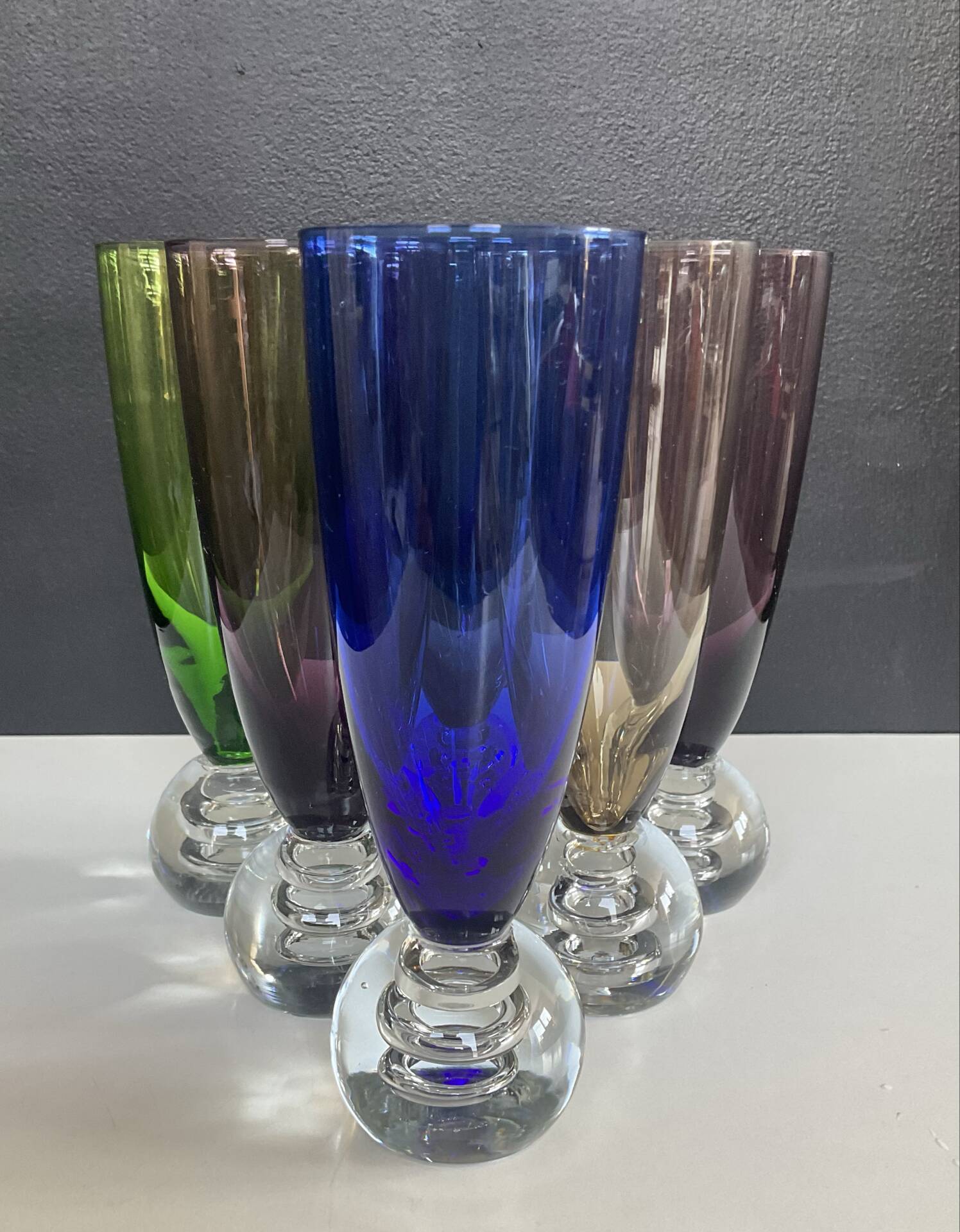 Set of 6 vintage coloured glass champagne coupes