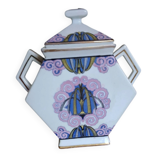 Rarissime sucrier Art Déco en porcelaine à motif fontaine stylisée – H