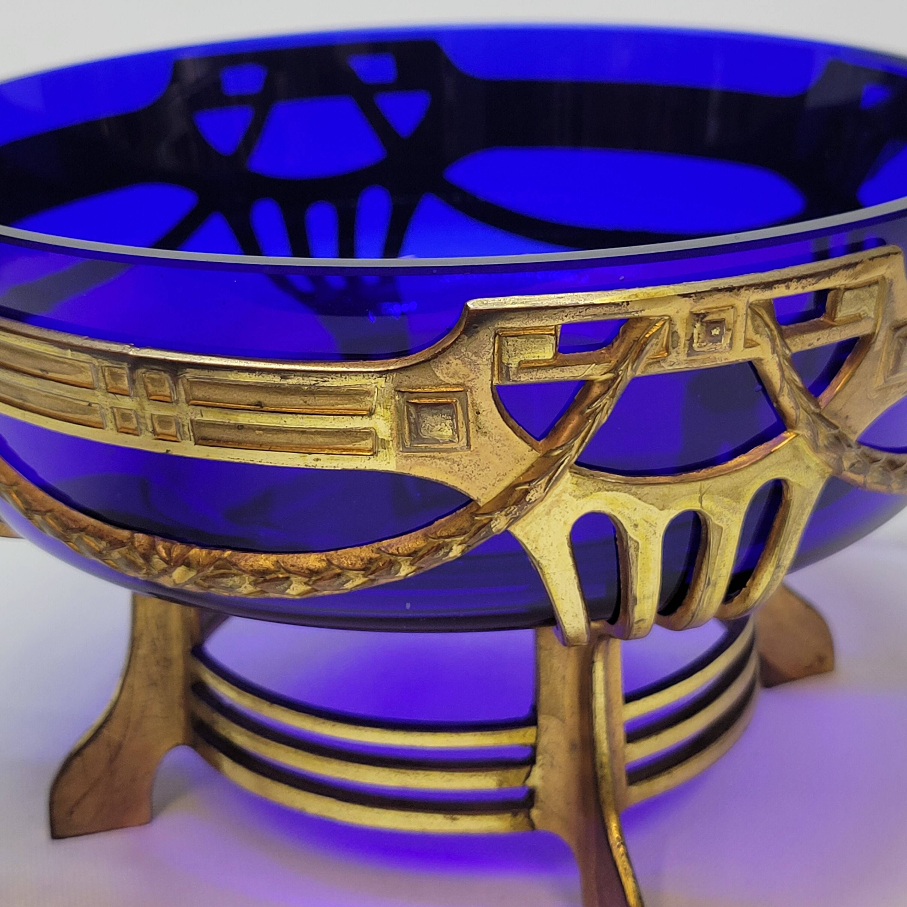 Antique gold metal and cobalt blue glass centerpiece planter