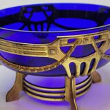 Ancienne jardinière centre de table en métal doré et verre bleu cobalt