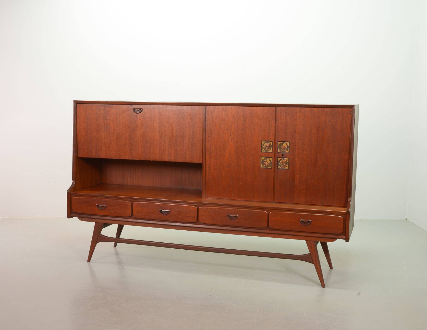 Louis van Teeffelen Vintage Design Teak Wooden High Sideboard for Webe 60s