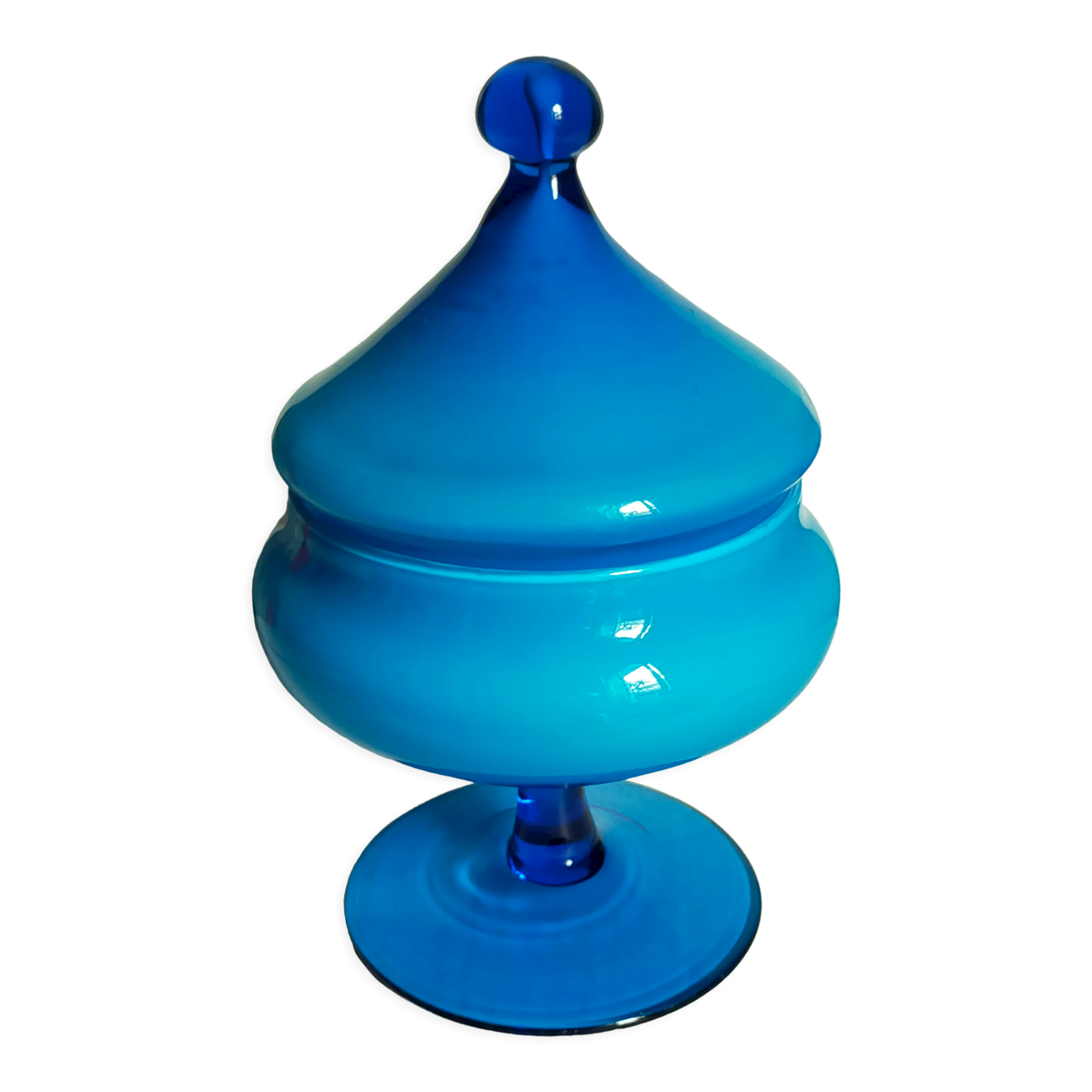 Covered pot on foot in vintage blue opaline