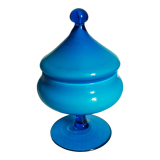 Covered pot on foot in vintage blue opaline