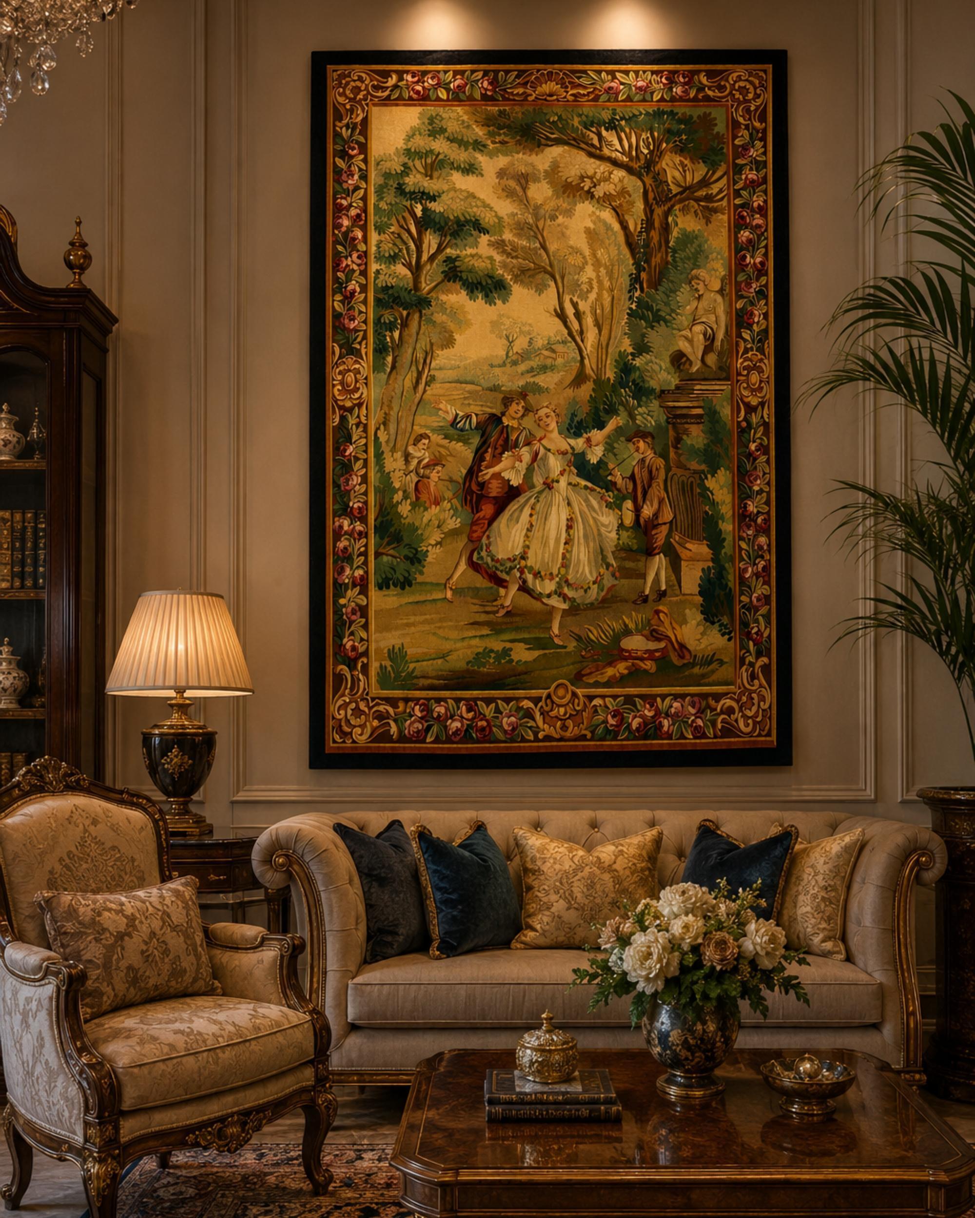 Tapisserie murale en laine de style français élégant avec verdure et scène de cour romantique