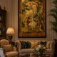 Tapisserie murale en laine de style français élégant avec verdure et scène de cour romantique