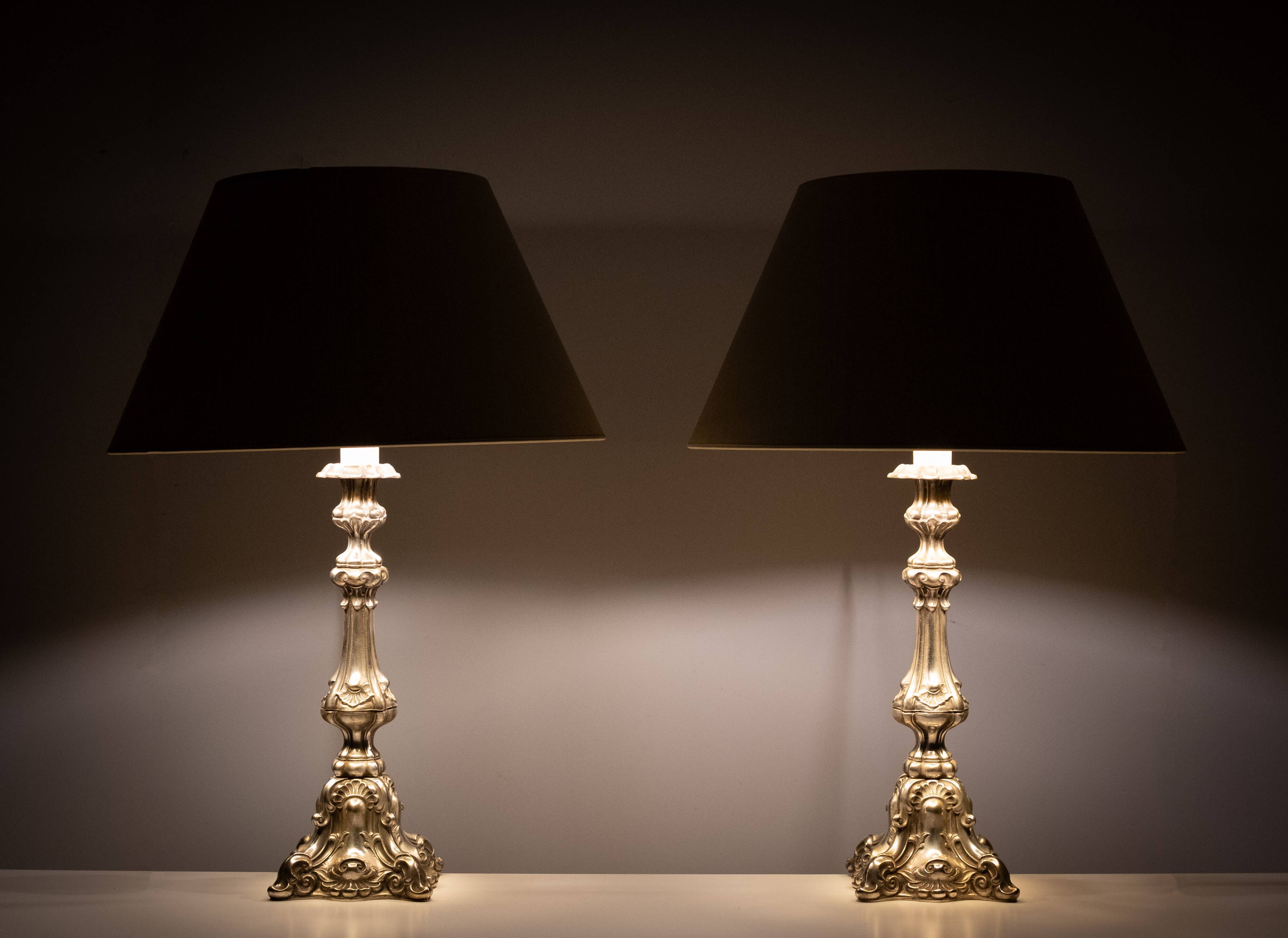 Stunning set of Rococo Silver Plated table lamps 1920s