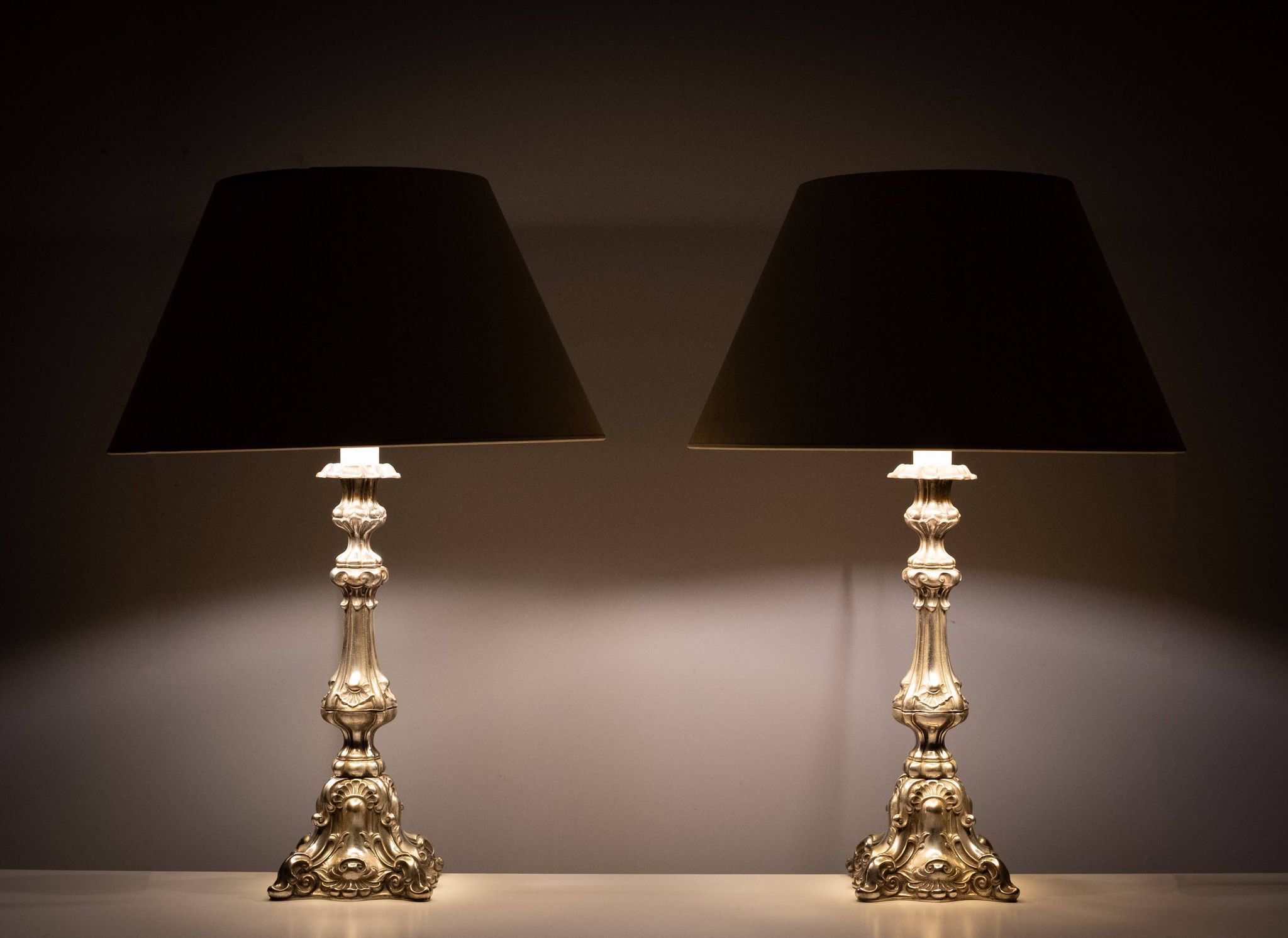 Stunning set of Rococo Silver Plated table lamps 1920s