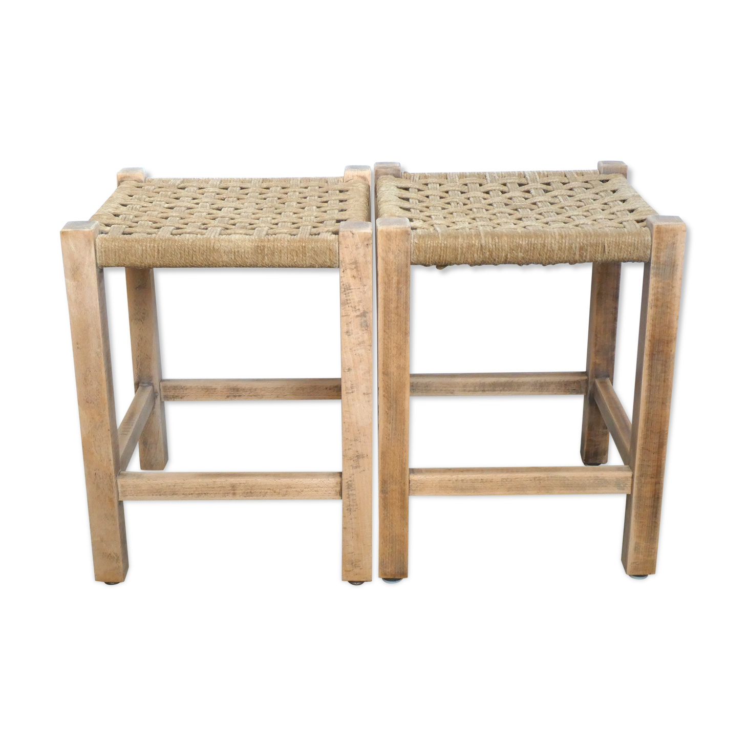Paire de tabourets en bois et corde années 60