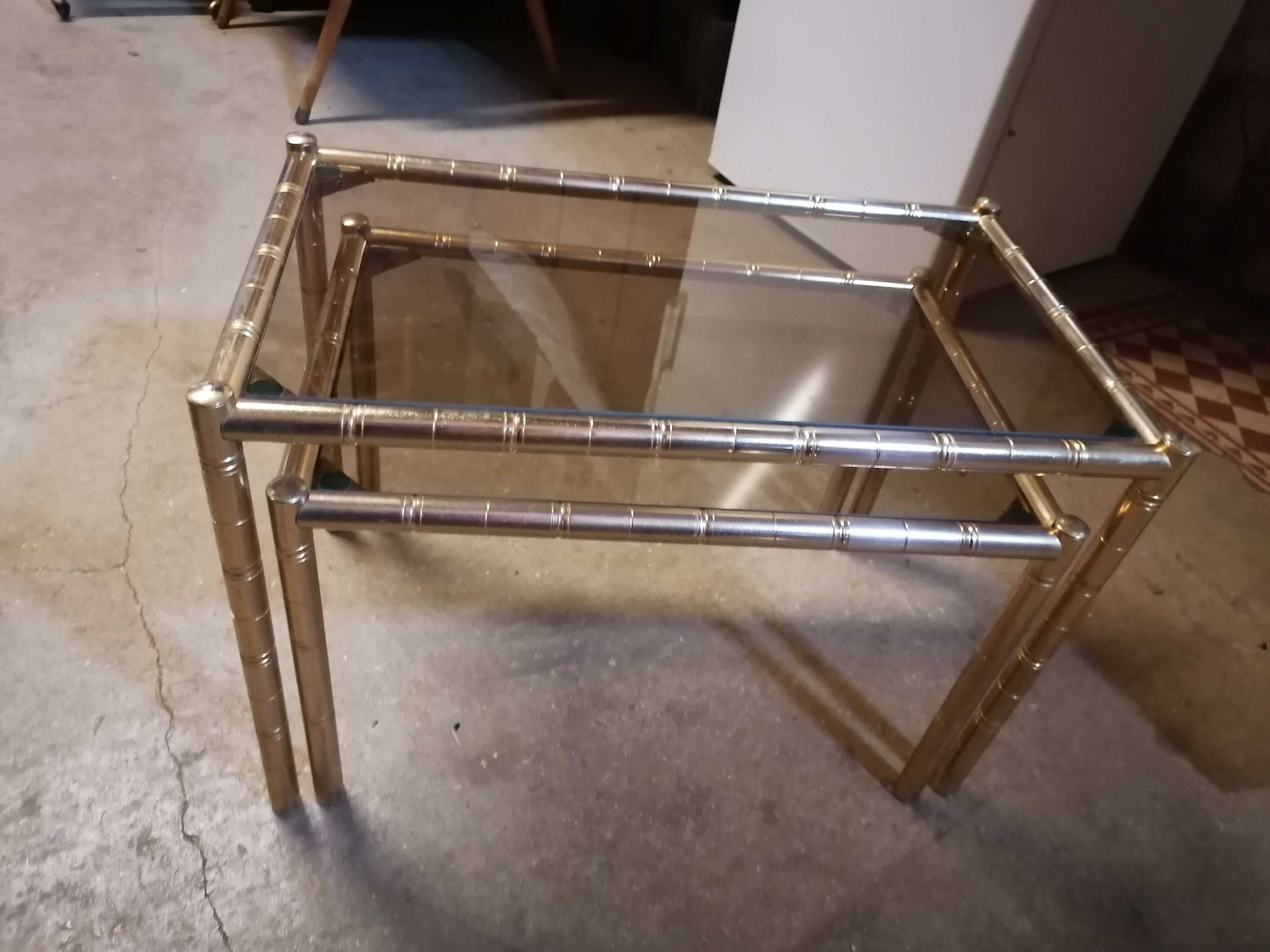 2 brass trundle tables bamboo style smoked glass 1960 1970