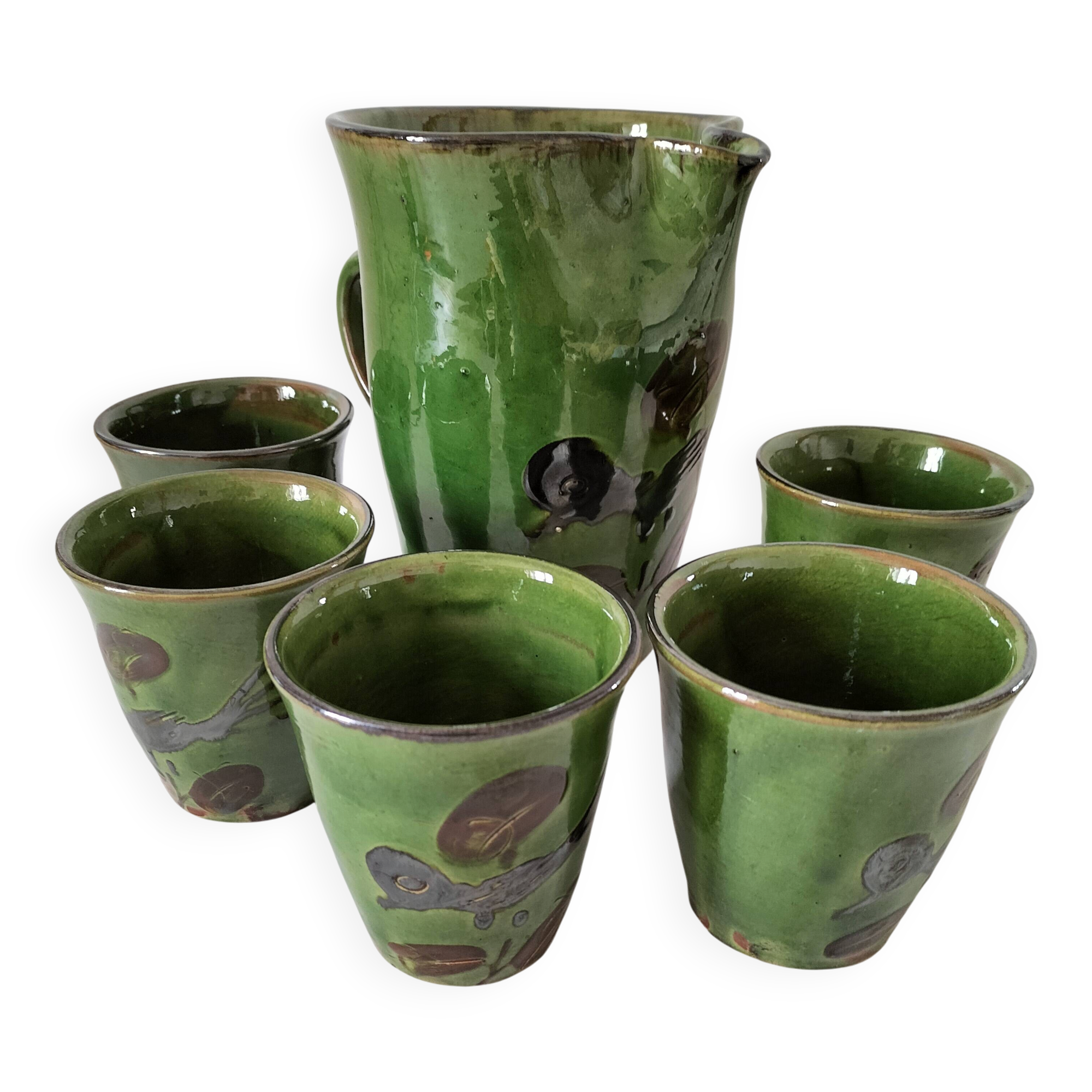 Set of a jug and 5 glazed earthenware cups in Savoyard style.