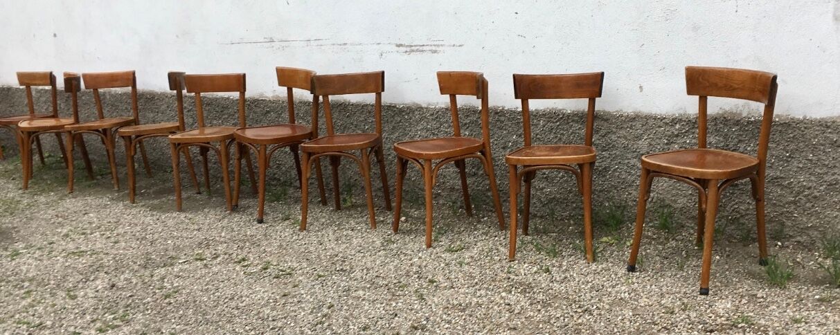 Series of 10 vintage bentwood curved wood bistro chairs