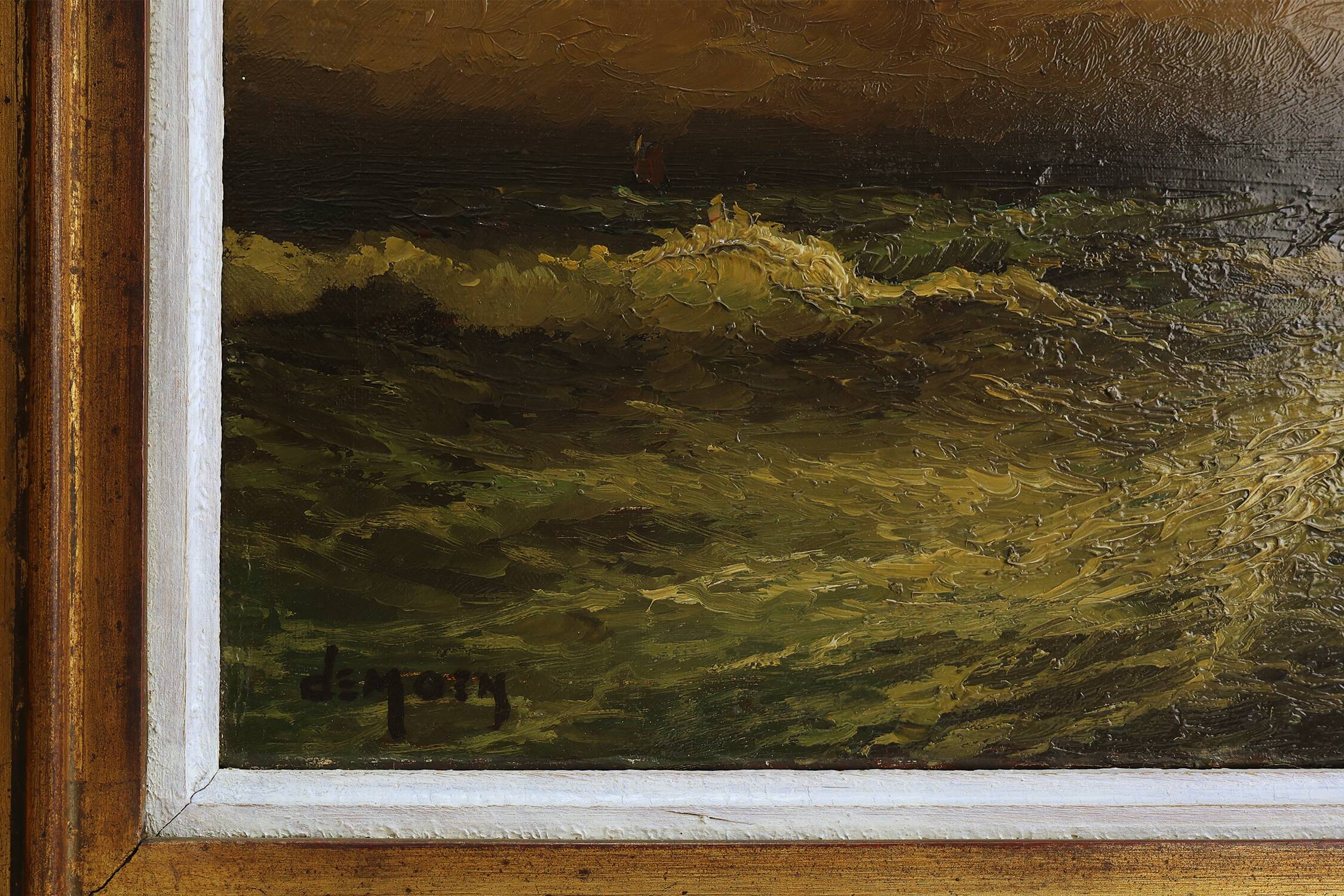 Seascape painting by Albert Demoen in Giltwood Frame, Belgium ca. 1940