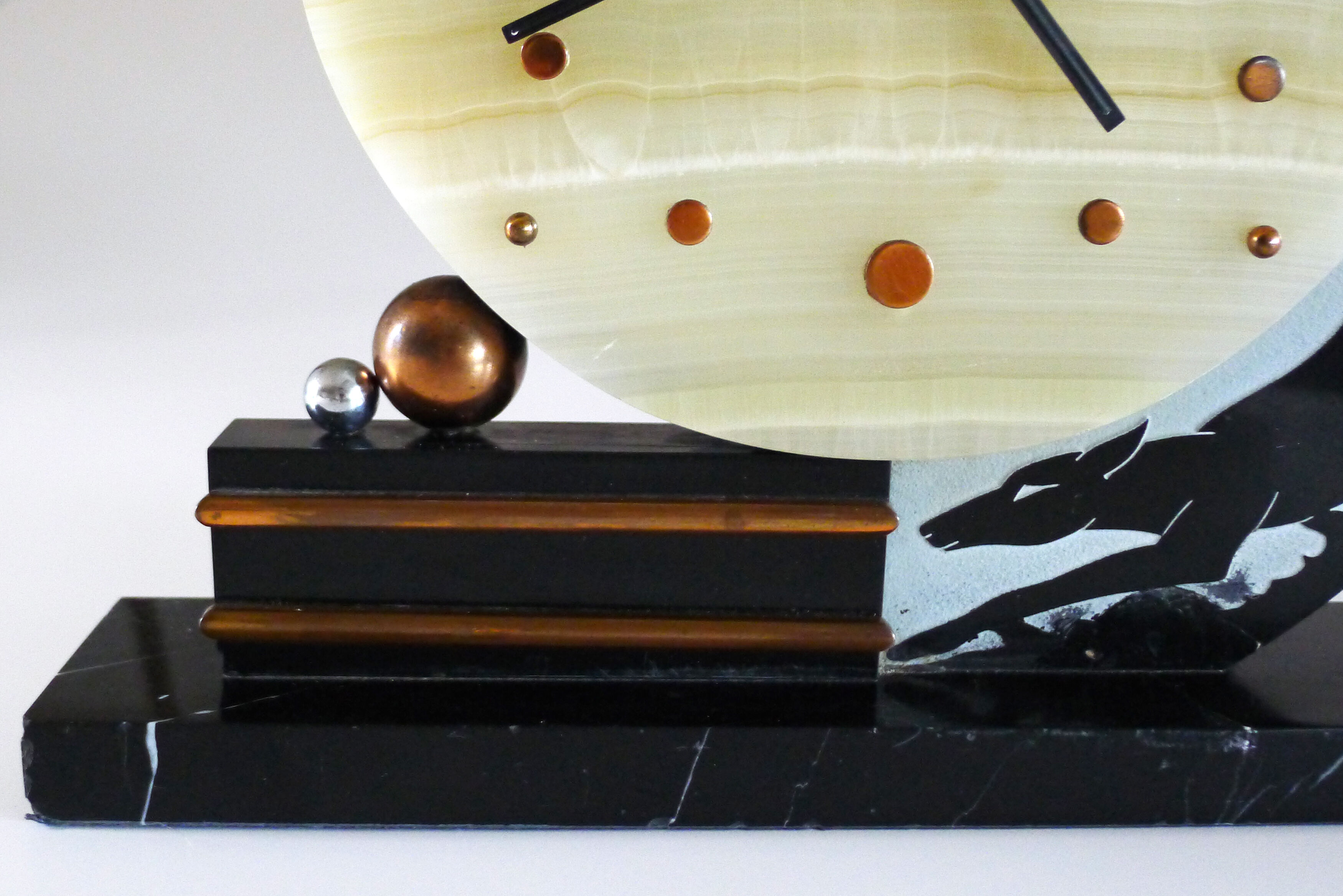 Art deco clock greyhound, marble and copper