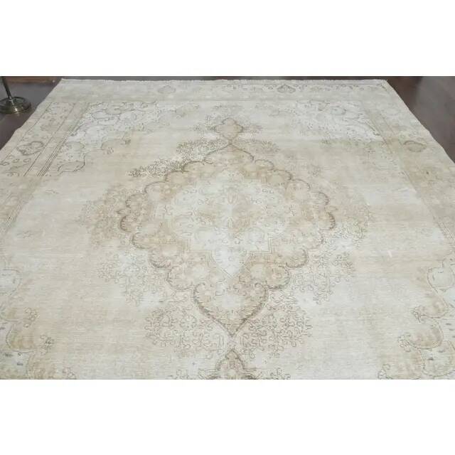 1970s Vintage Persian Handmade Wool Cotton Beige Area Rug 289x376
