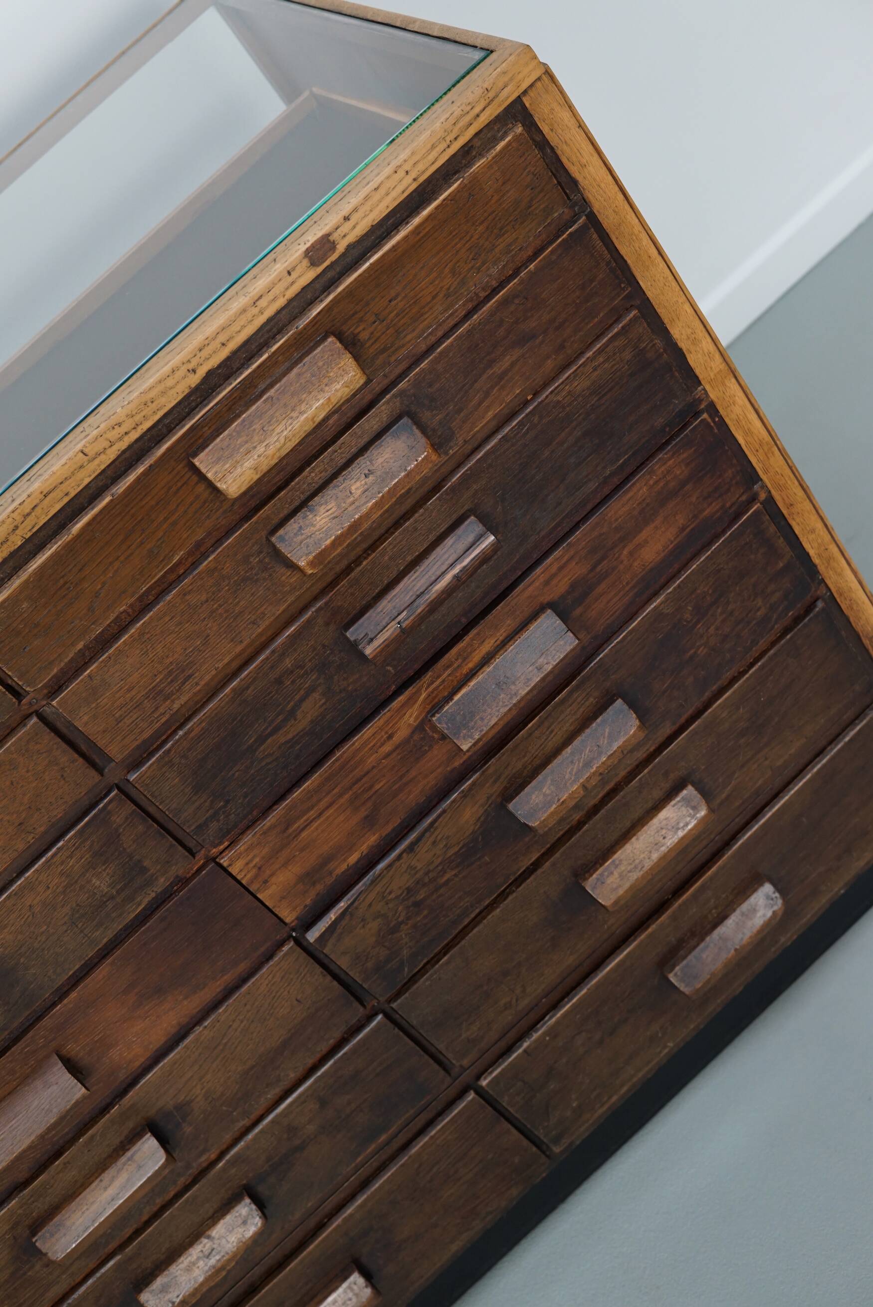 Vintage German Oak Glass Shop Counter Haberdashery Cabinet Vitrine, ca 1950