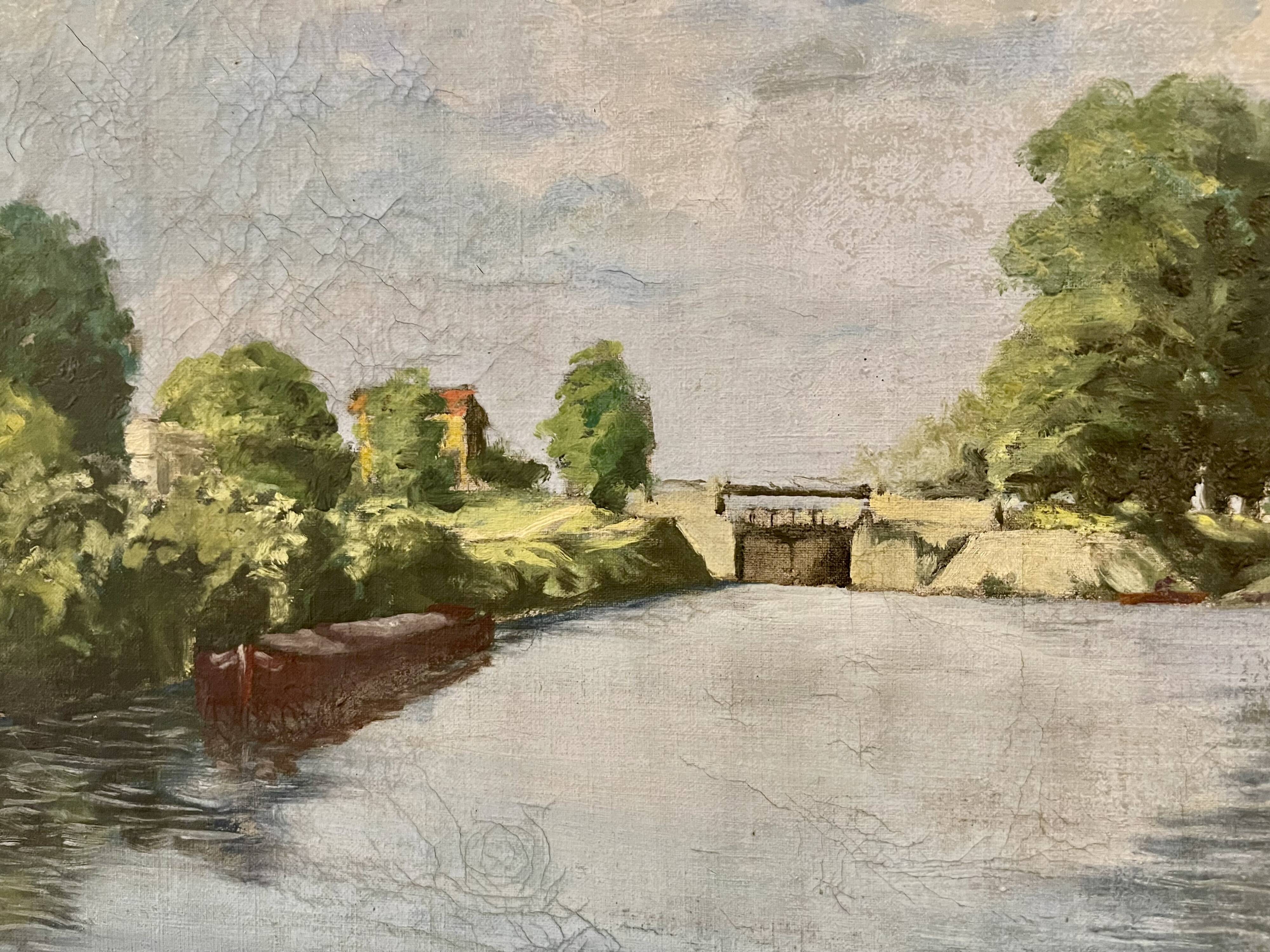 Painting of the lock and the beach of Neuilly Sur Marne signed by Bern 1948