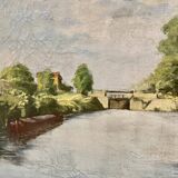 Painting of the lock and the beach of Neuilly Sur Marne signed by Bern 1948