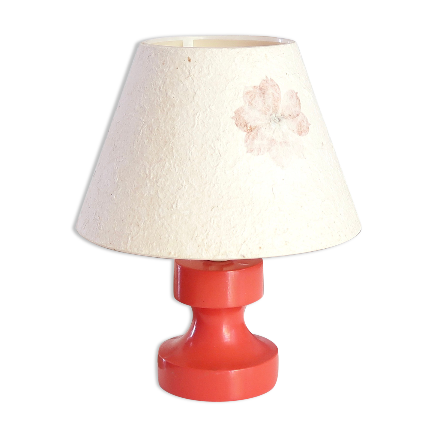 Red wooden lamp with herbarium-style lampshade from the 70s