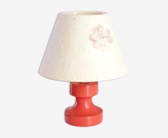 Lampe en bois rouge abat jour façon herbier années 70