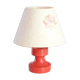 Red wooden lamp with herbarium-style lampshade from the 70s