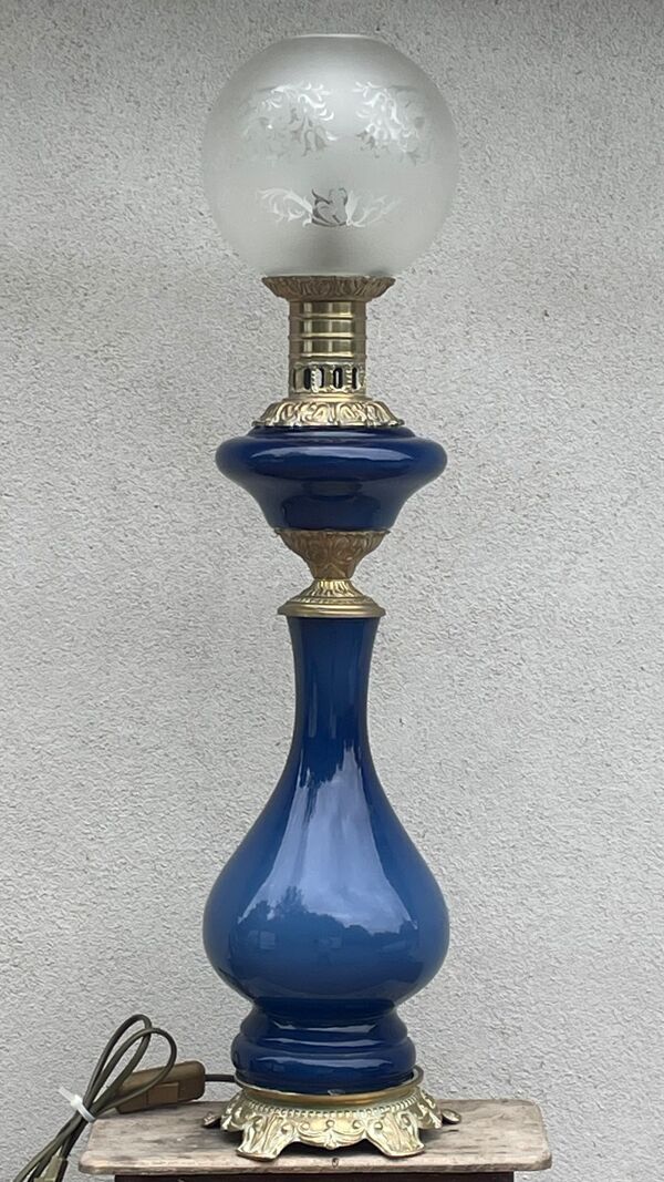 Lampe balustre porcelaine bleu et bronze