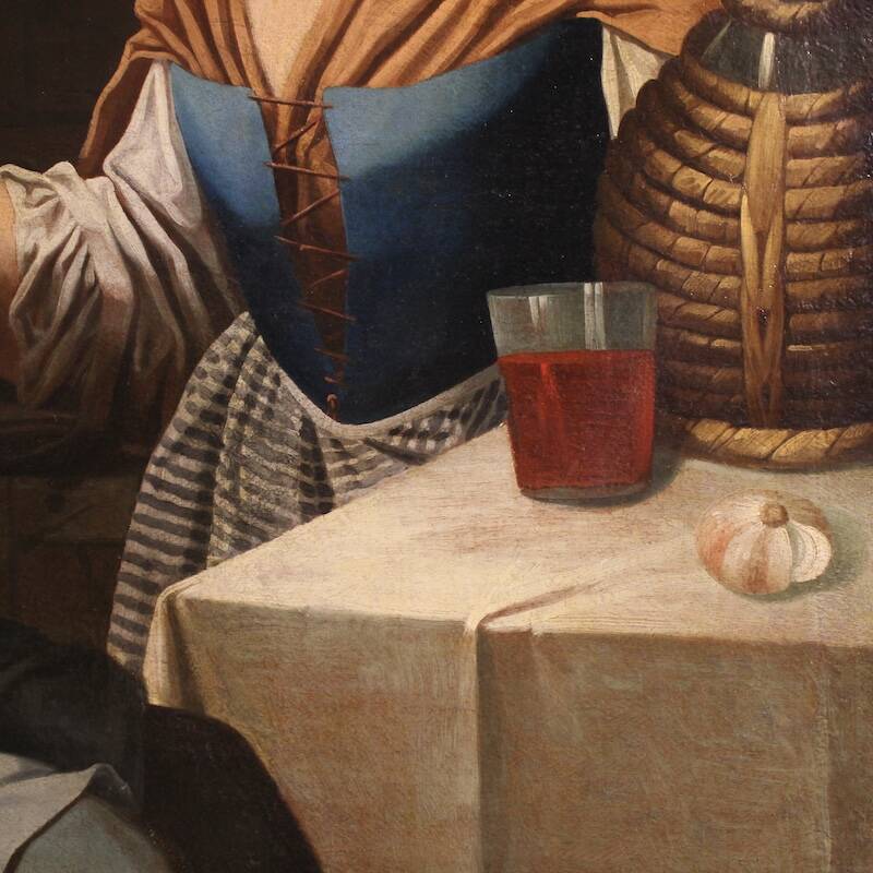 Antique Lombard painting from the 17th century, interior scene