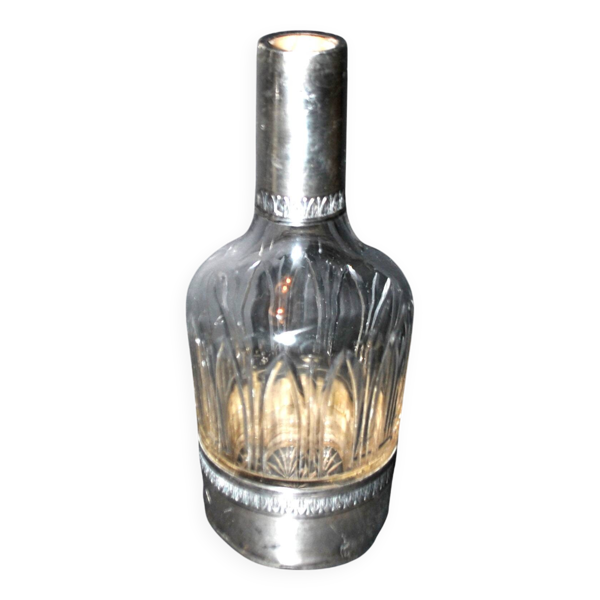 Carafe à liqueur 1900 cristal taillé feuille d'eau + monture Argent Minerve