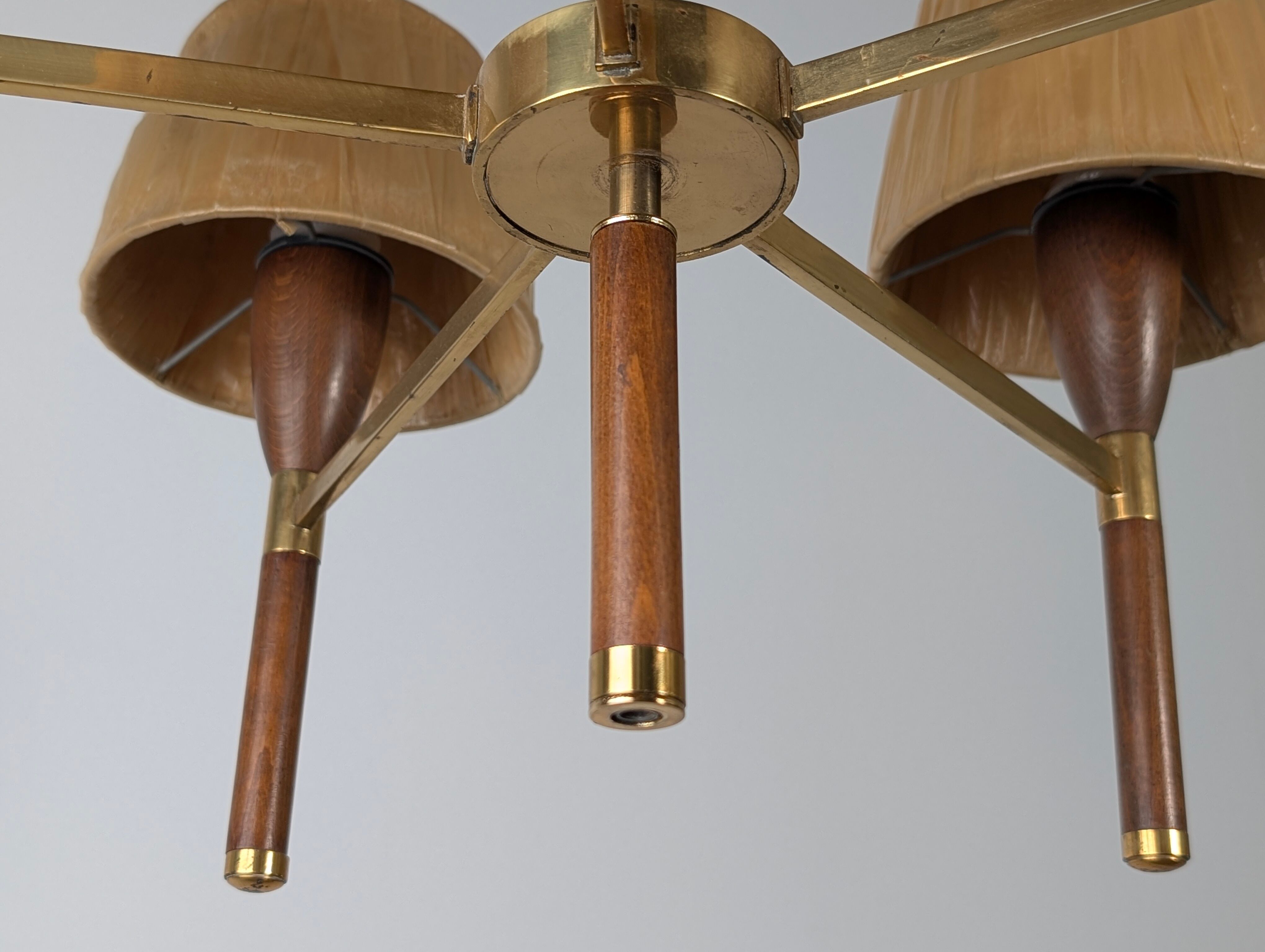 Danish five-arm lamp in wood and brass, 1950s