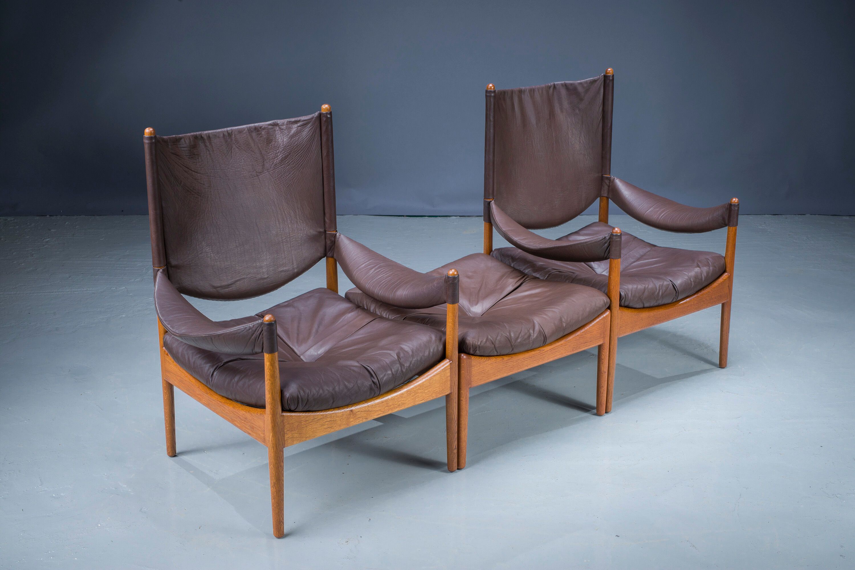 Mid-century danish oak and leather lounge chairs & ottoman by kristian vedel, 1960s, set of 3