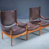 Mid-century danish oak and leather lounge chairs & ottoman by kristian vedel, 1960s, set of 3