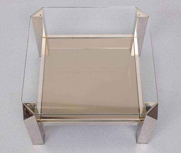 Table basse carrée en chrome et verre du milieu du siècle par Belgo chrome, années 1970