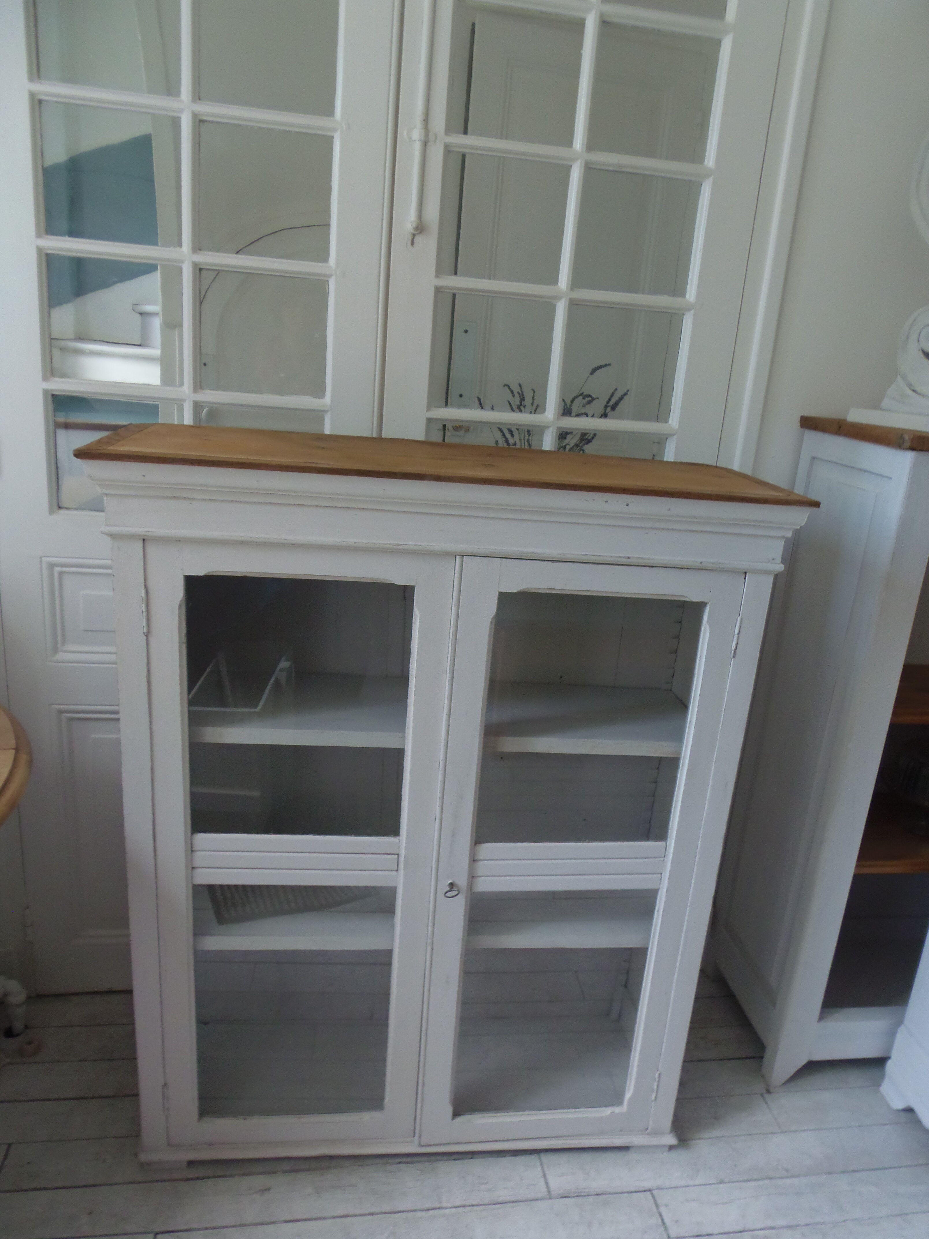 Showcase, bookcase, vintage pearl grey patinated cupboard, wooden top.