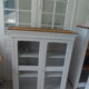 Showcase, bookcase, vintage pearl grey patinated cupboard, wooden top.
