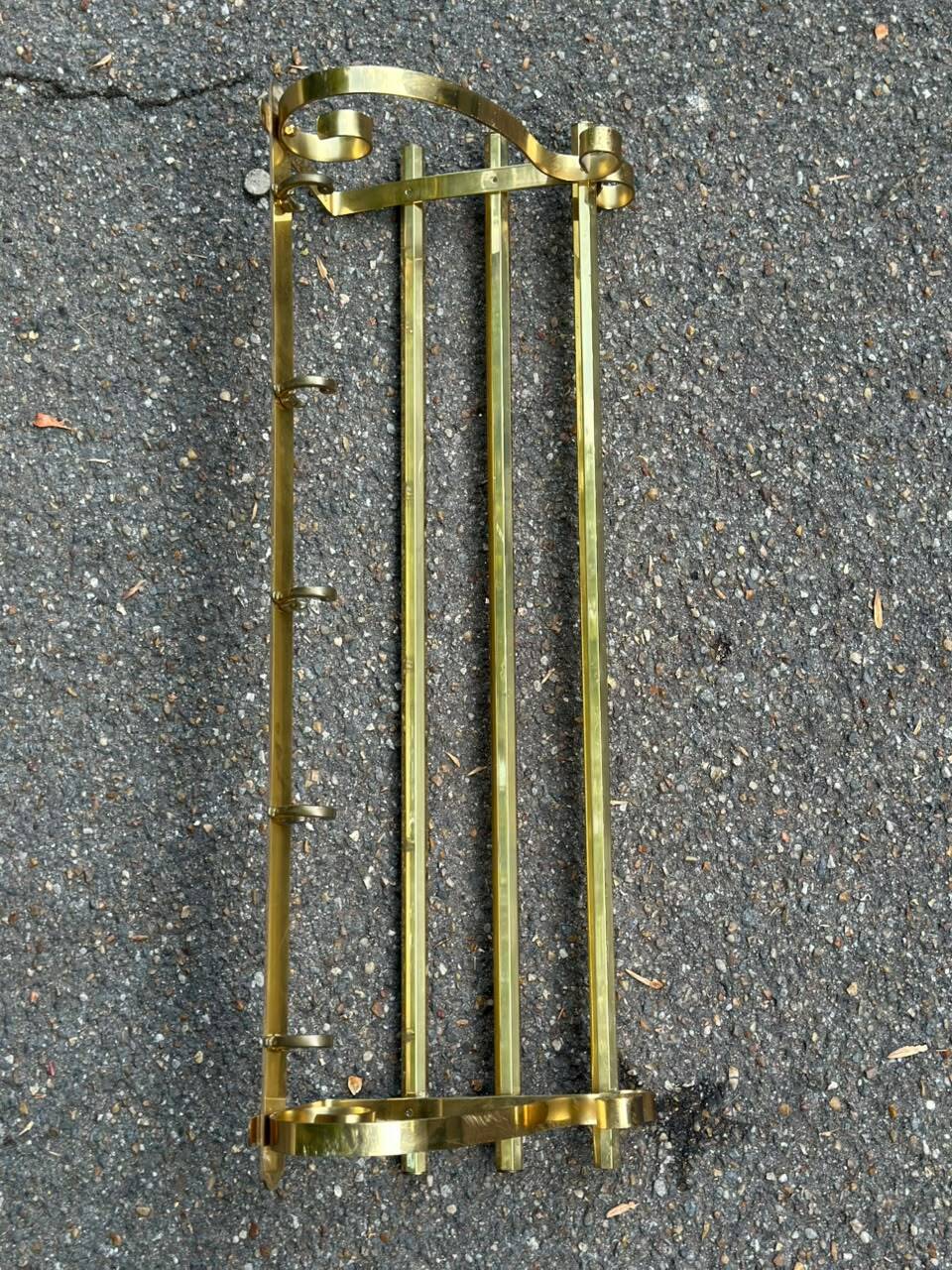 Hollywood Regency wall coat rack, gold brass, hat shelf, 1960s.
