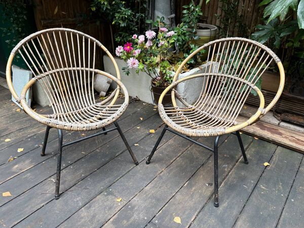 2 Fauteuil corbeille en rotin