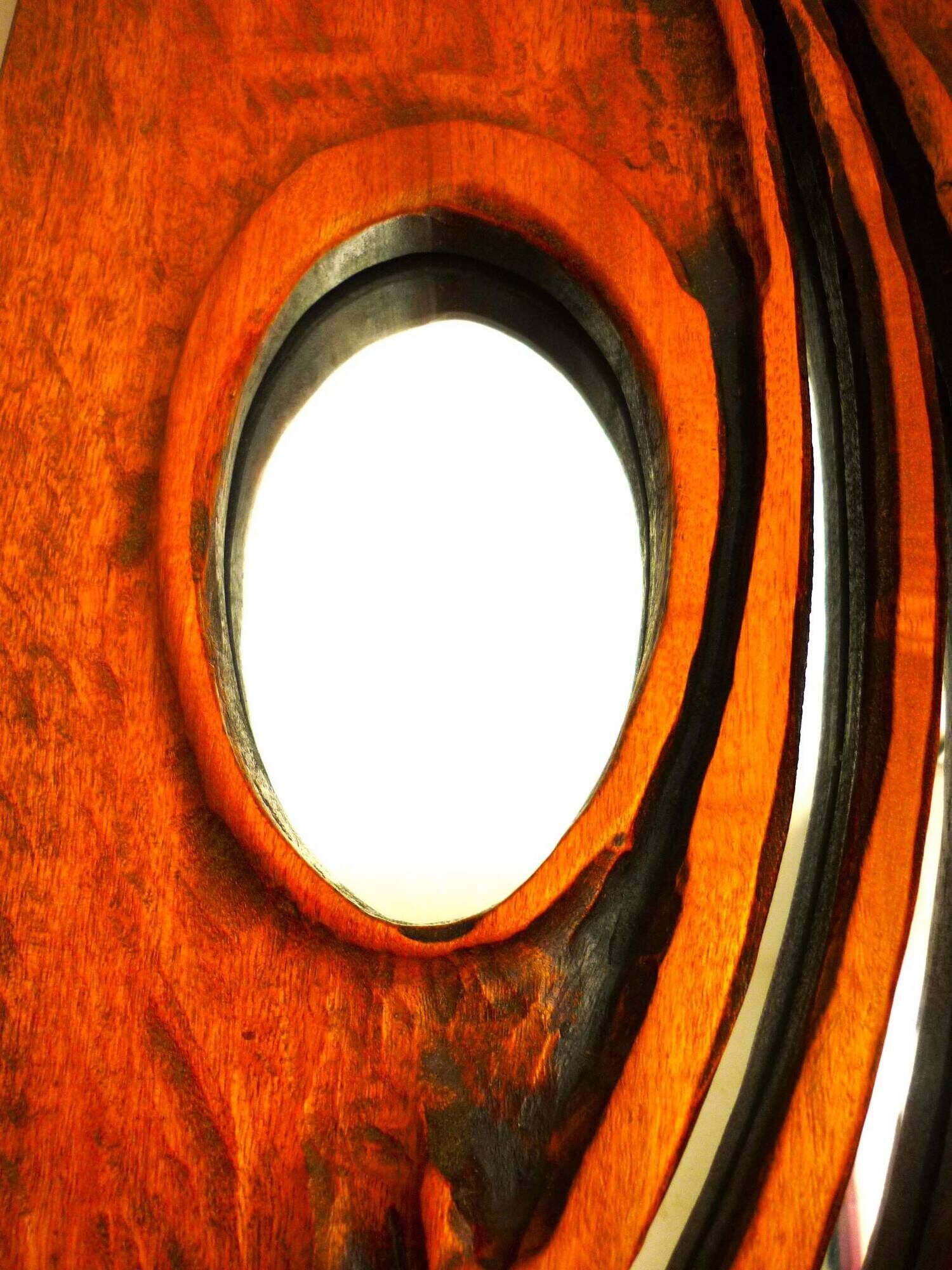 Carved wooden mirror, signed P. Guallino, "le passage", brutalist design from the 80s
