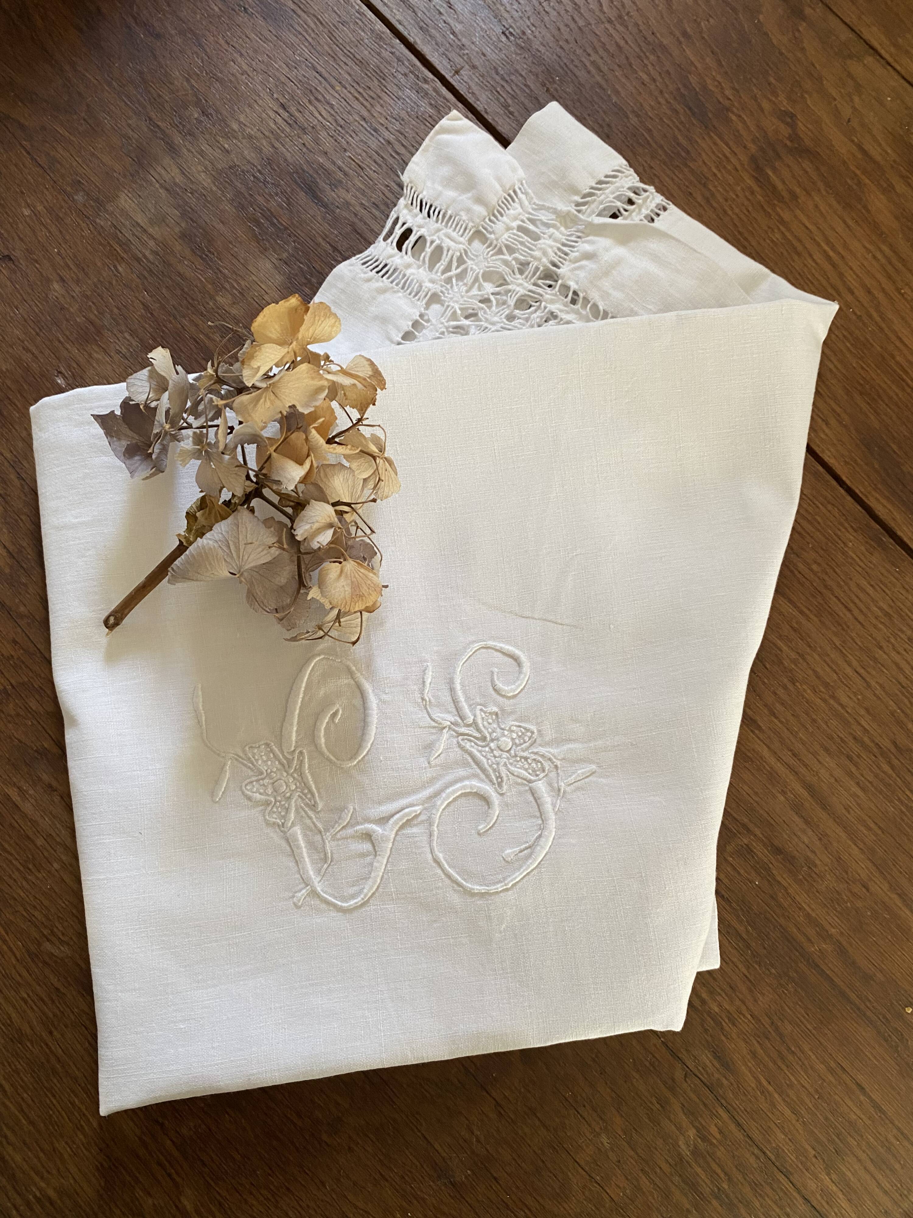White cotton pillowcase with CS monogram