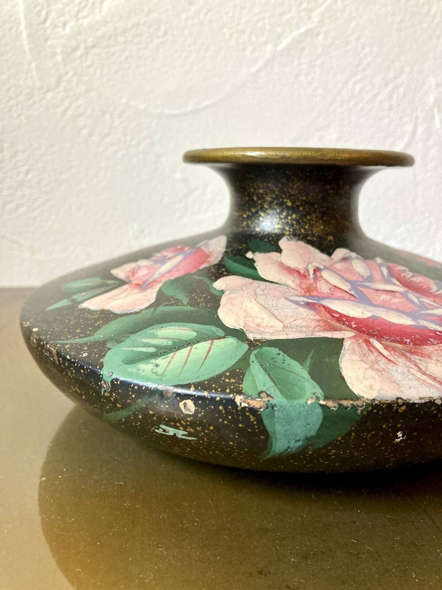 Painted terracotta vase signed with rose motifs, 1950s-1960s.