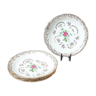 Lot de 4 assiettes creuses Limoges FD Chauvigny blanc doré motif Rose