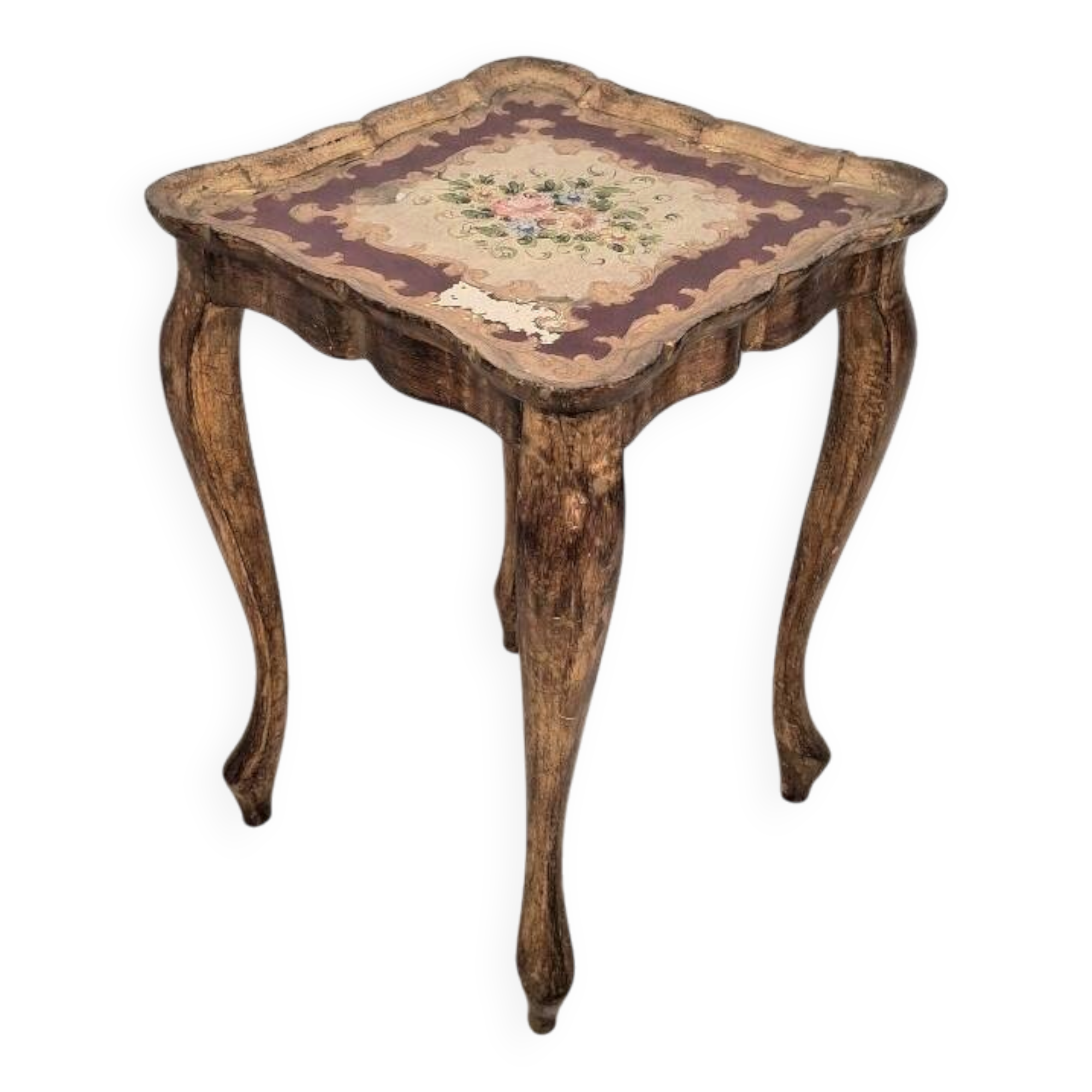 Table d'appoint en bois doré florentin italien du milieu du siècle avec peinture à la main F