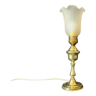 Lampe à poser pétrole laiton opaline plissée tulipe cuivre 1900