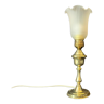Lampe à poser pétrole laiton opaline plissée tulipe cuivre 1900