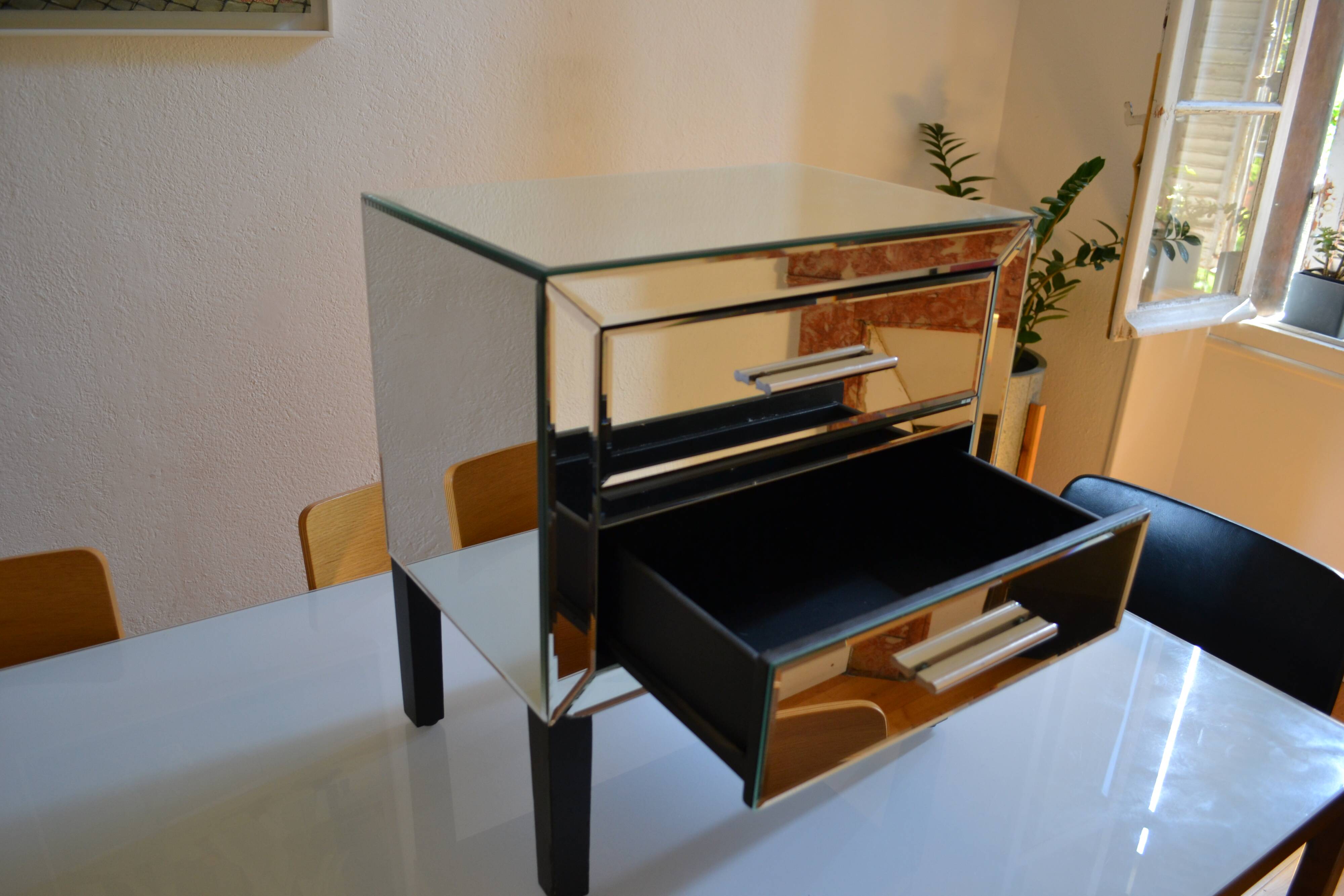 Hollywood Regency style beveled mirror bedside table