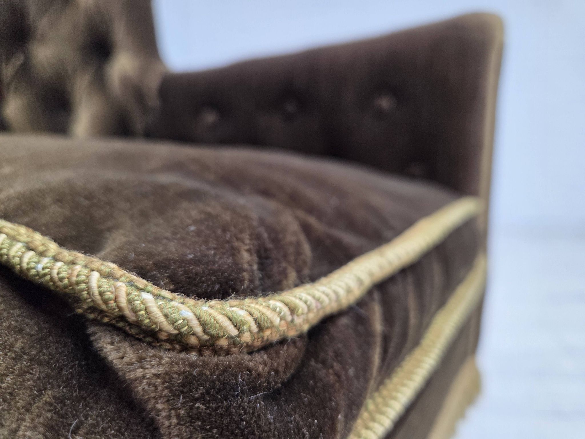 1950s, Scandinavian armchair, green furniture velour, ash wood.